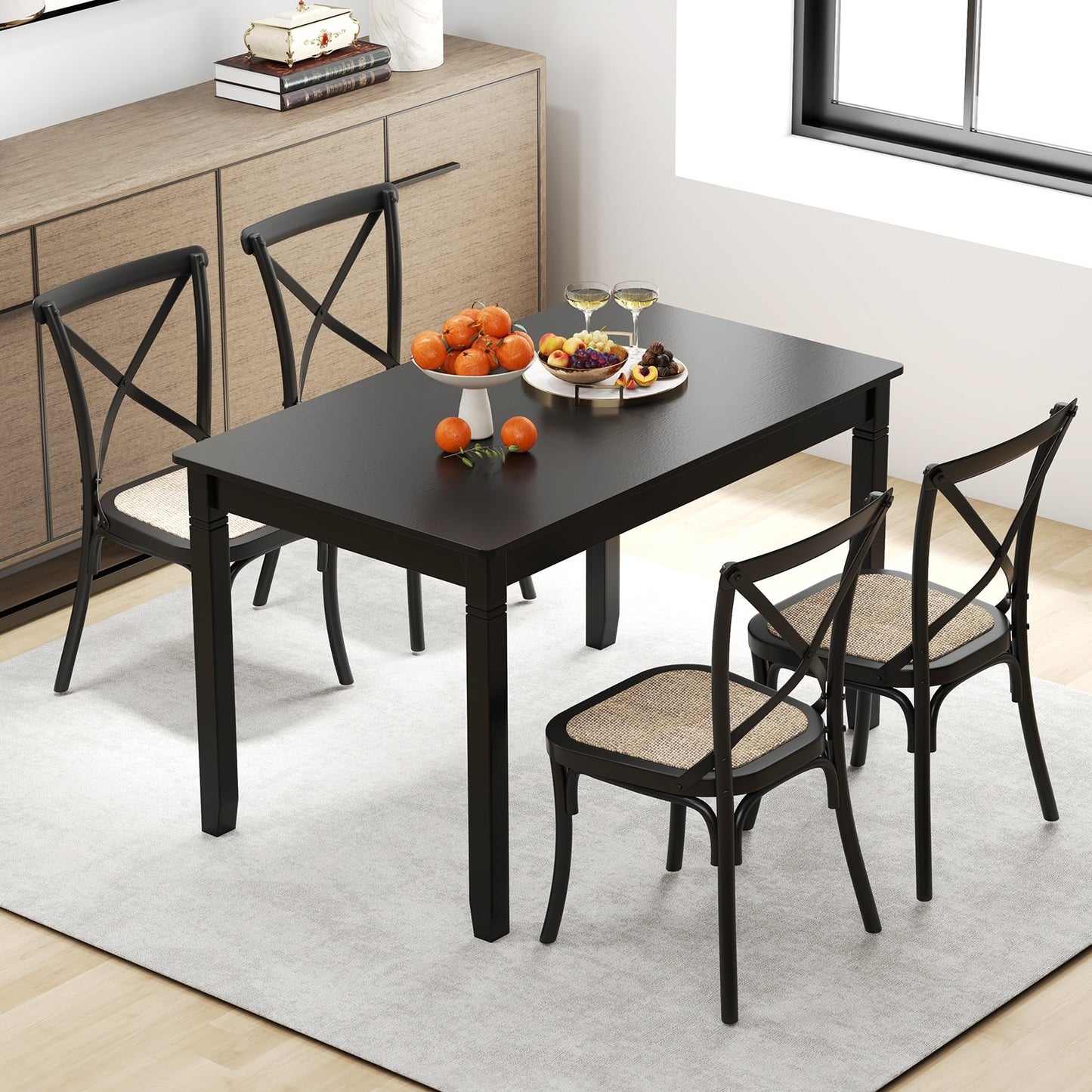 48 Inch Rectangular Wooden Dining Table for 4 with Solid Rubber Wood Legs in Black Finish