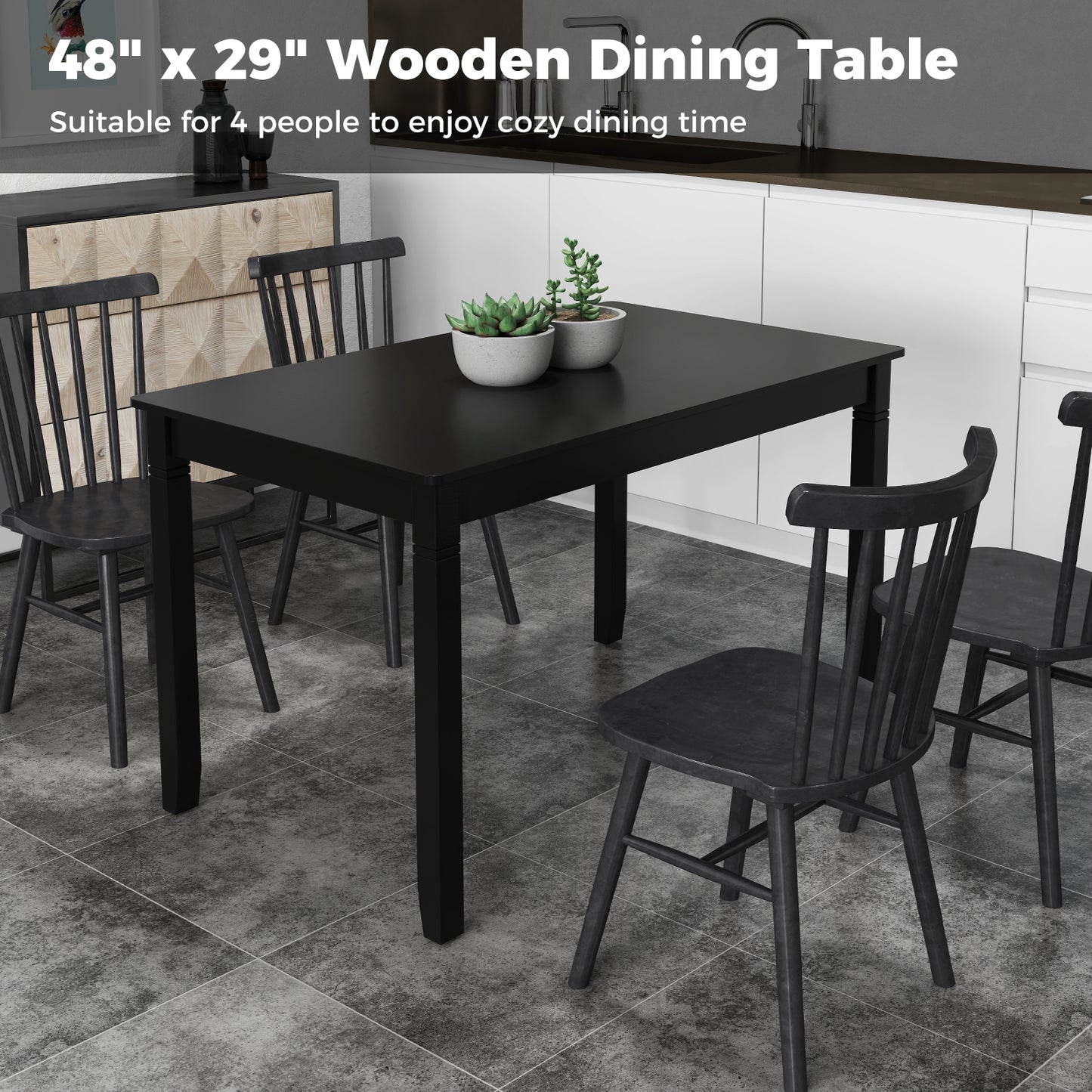 48 Inch Rectangular Wooden Dining Table for 4 with Solid Rubber Wood Legs in Black Finish