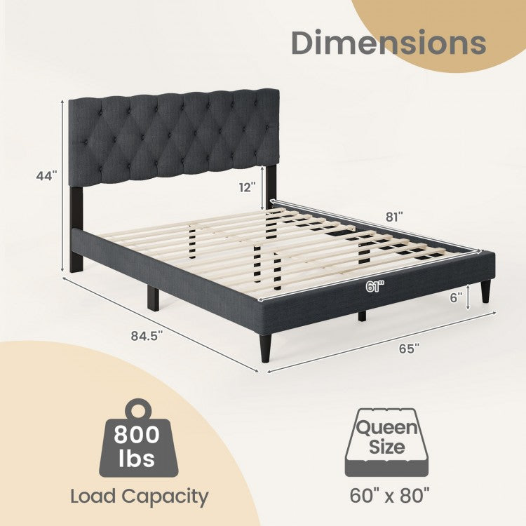 Tufted Upholstered Platform Bed with Padded Headboard and Wood Slat Support in Grey – Twin, Full, or Queen Size