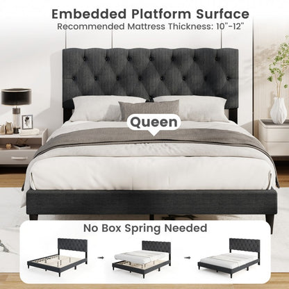 Tufted Upholstered Platform Bed with Padded Headboard and Wood Slat Support in Grey – Twin, Full, or Queen Size