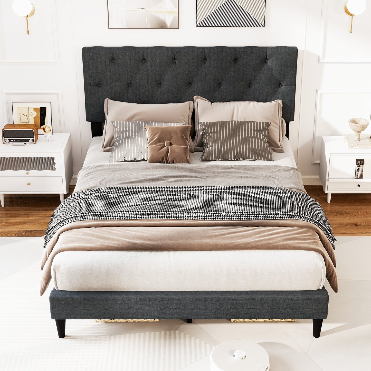Tufted Upholstered Platform Bed with Padded Headboard and Wood Slat Support in Grey – Twin, Full, or Queen Size