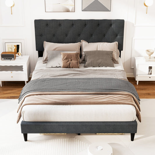 Tufted Upholstered Platform Bed with Padded Headboard and Wood Slat Support in Grey – Twin, Full, or Queen Size
