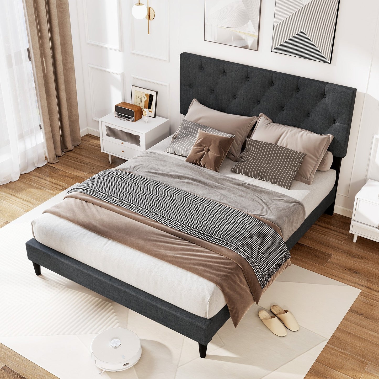 Tufted Upholstered Platform Bed with Padded Headboard and Wood Slat Support in Grey – Twin, Full, or Queen Size