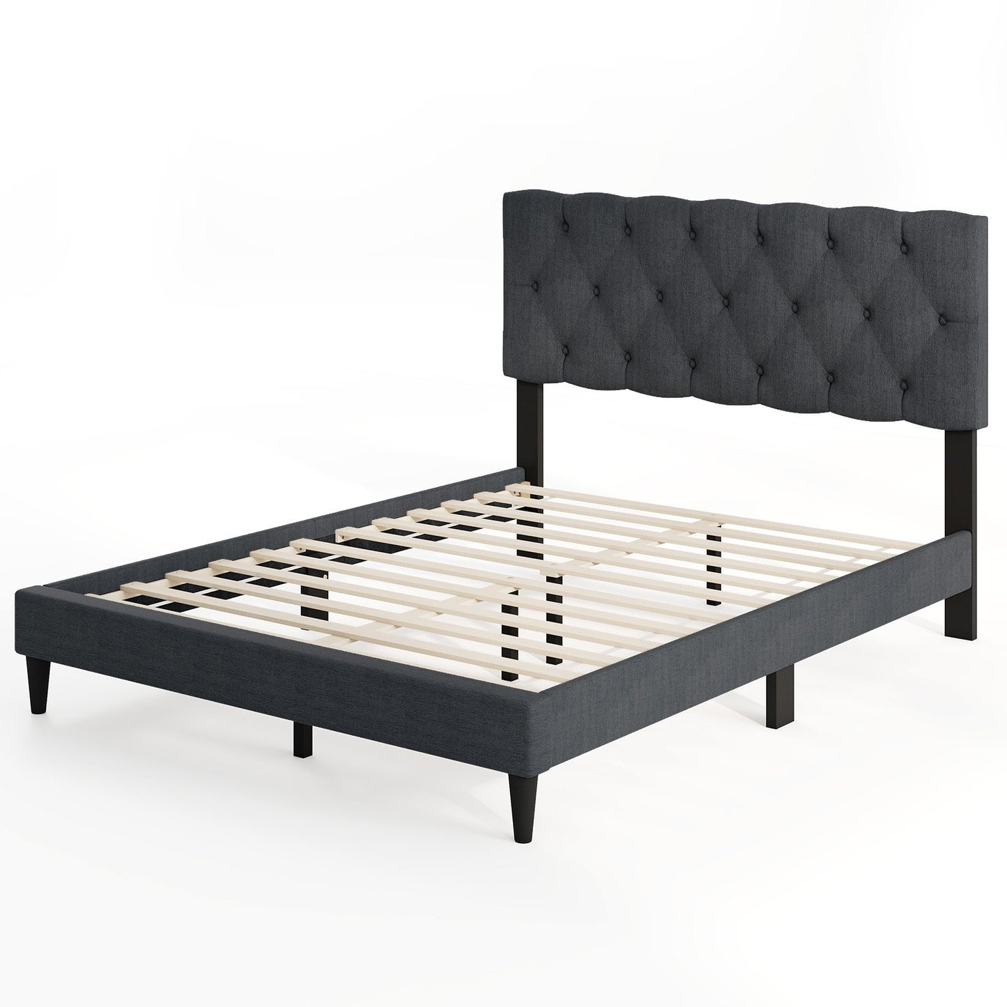 Tufted Upholstered Platform Bed with Padded Headboard and Wood Slat Support in Grey – Twin, Full, or Queen Size