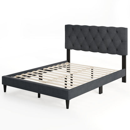 Tufted Upholstered Platform Bed with Padded Headboard and Wood Slat Support in Grey – Twin, Full, or Queen Size