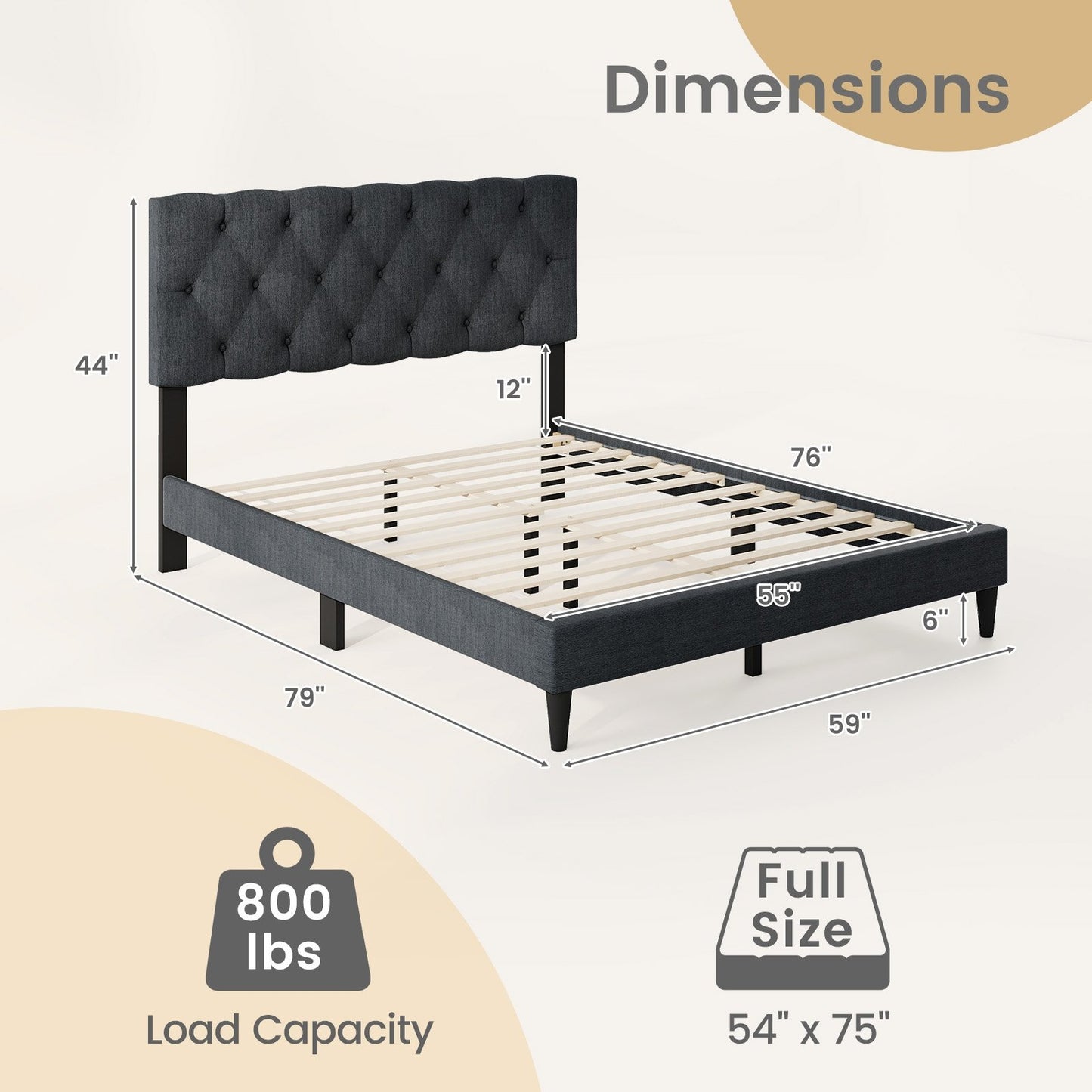 Tufted Upholstered Platform Bed with Padded Headboard and Wood Slat Support in Grey – Twin, Full, or Queen Size