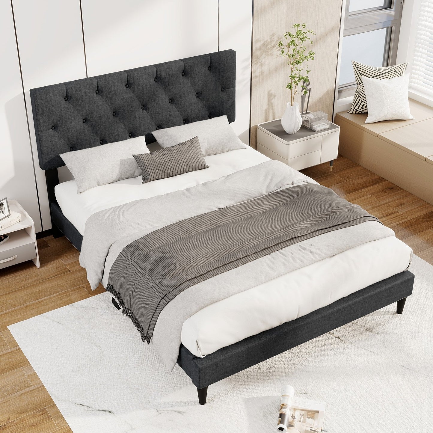 Tufted Upholstered Platform Bed with Padded Headboard and Wood Slat Support in Grey – Twin, Full, or Queen Size