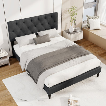 Tufted Upholstered Platform Bed with Padded Headboard and Wood Slat Support in Grey – Twin, Full, or Queen Size