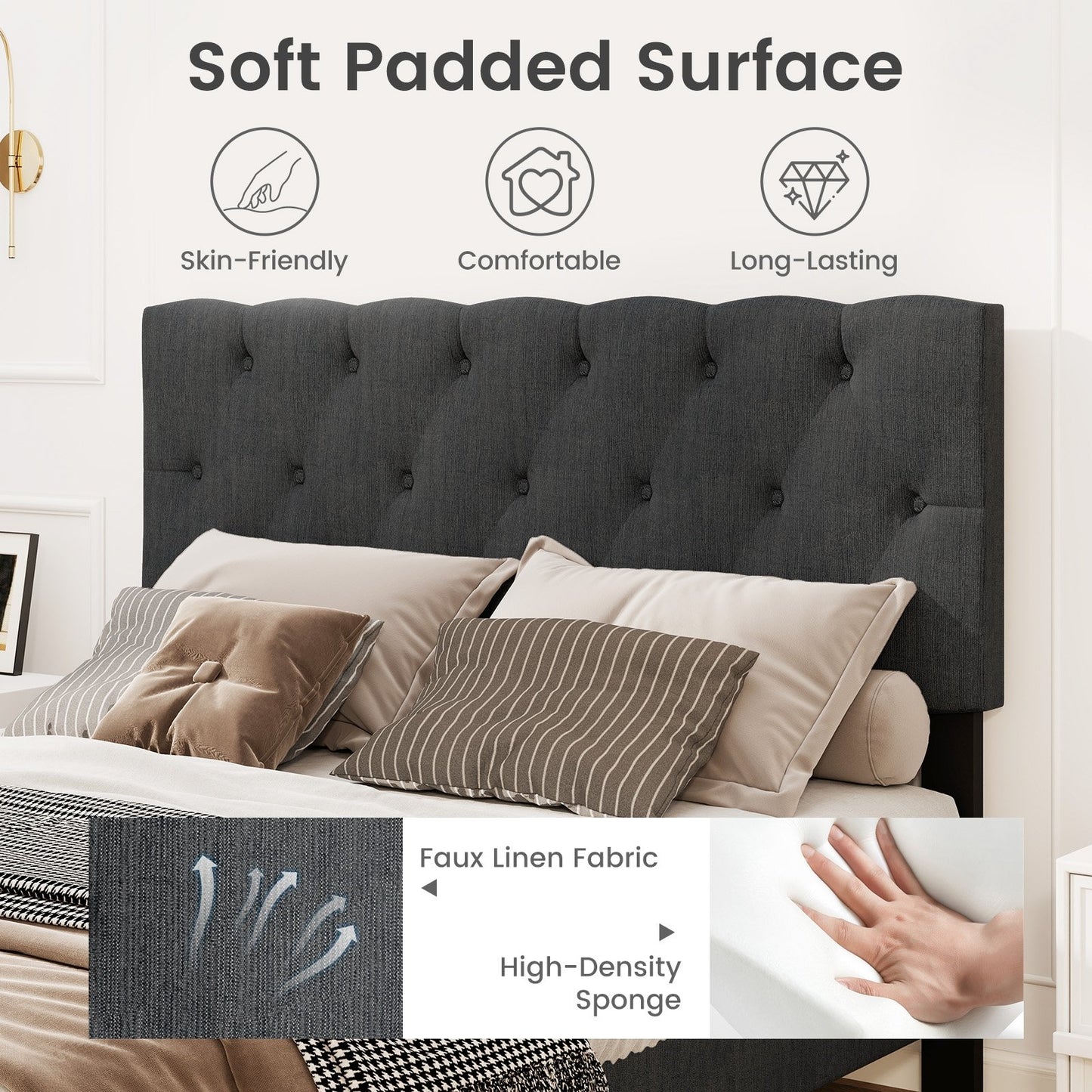 Tufted Upholstered Platform Bed with Padded Headboard and Wood Slat Support in Grey – Twin, Full, or Queen Size