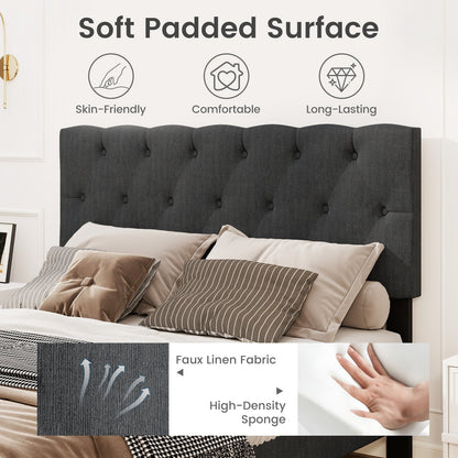 Tufted Upholstered Platform Bed with Padded Headboard and Wood Slat Support in Grey – Twin, Full, or Queen Size