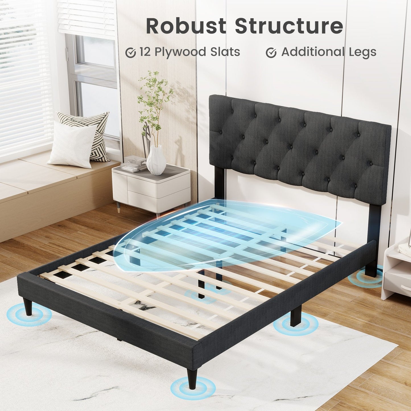 Tufted Upholstered Platform Bed with Padded Headboard and Wood Slat Support in Grey – Twin, Full, or Queen Size