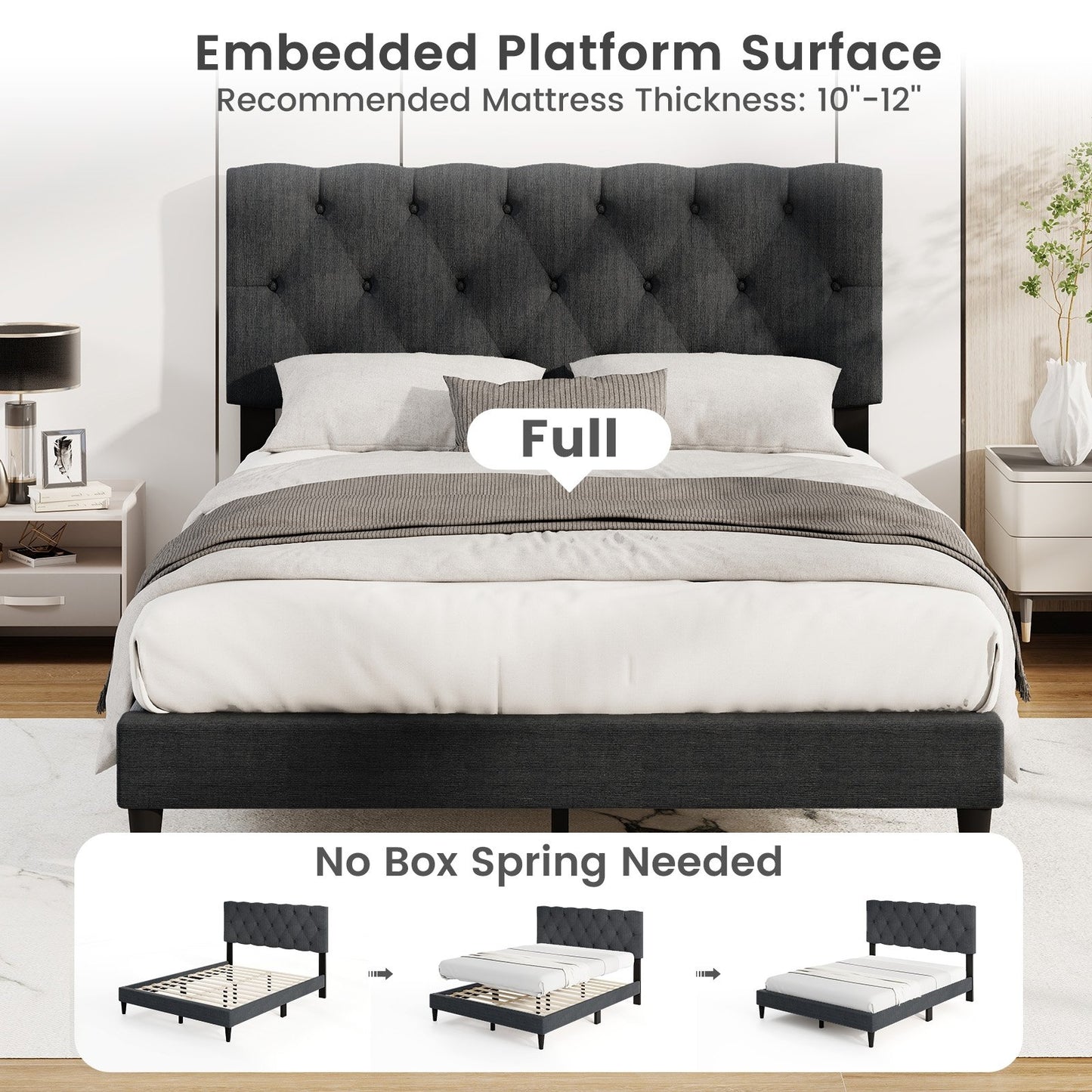 Tufted Upholstered Platform Bed with Padded Headboard and Wood Slat Support in Grey – Twin, Full, or Queen Size