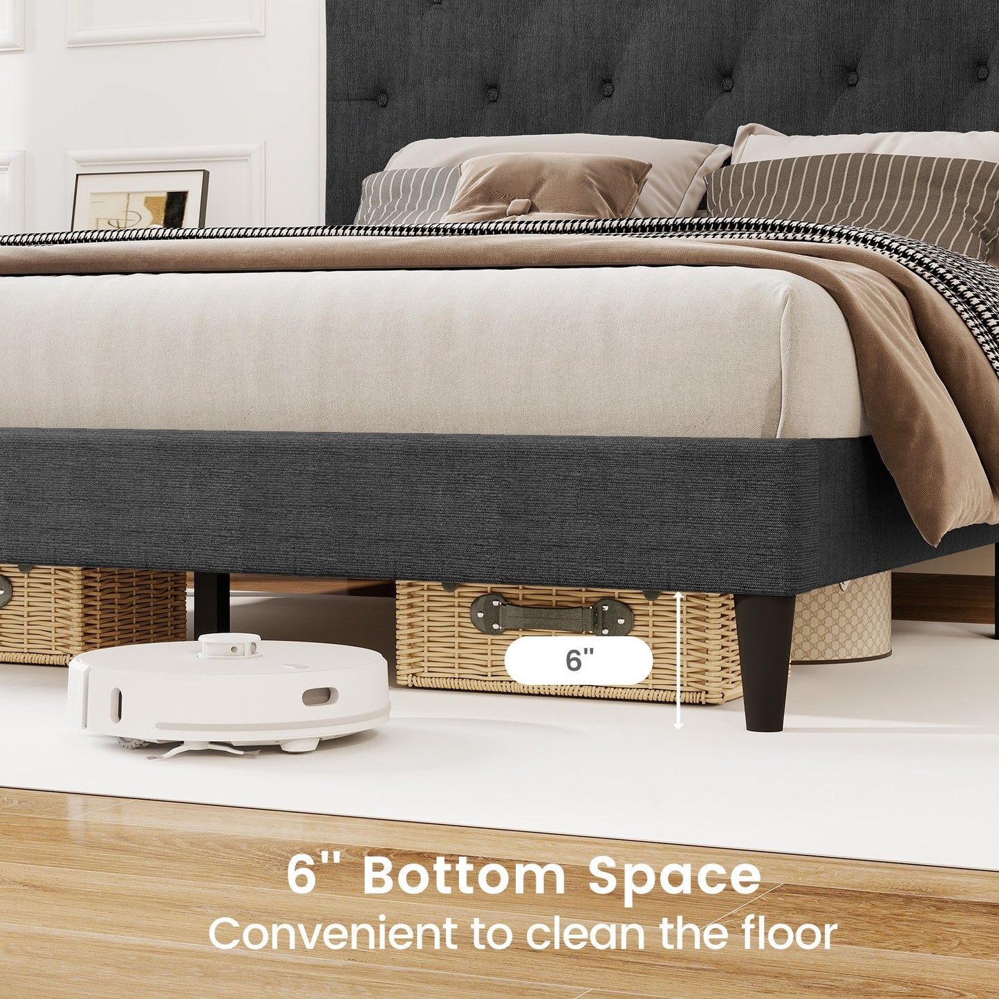Tufted Upholstered Platform Bed with Padded Headboard and Wood Slat Support in Grey – Twin, Full, or Queen Size