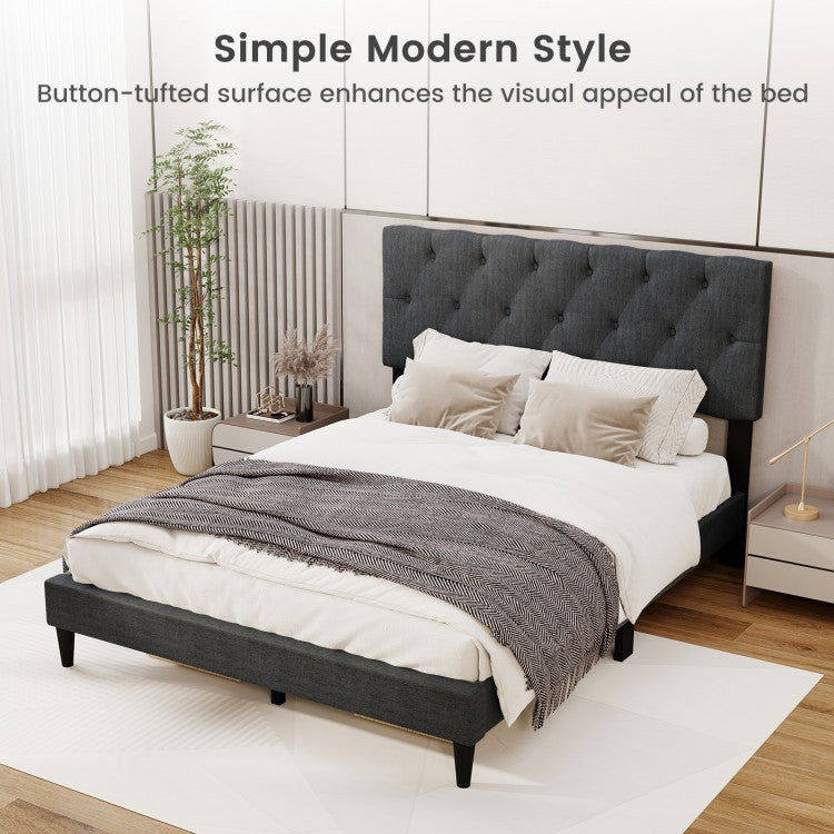 Tufted Upholstered Platform Bed with Padded Headboard and Wood Slat Support in Grey – Twin, Full, or Queen Size