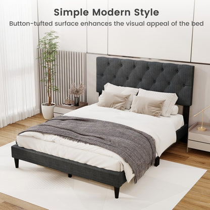 Tufted Upholstered Platform Bed with Padded Headboard and Wood Slat Support in Grey – Twin, Full, or Queen Size