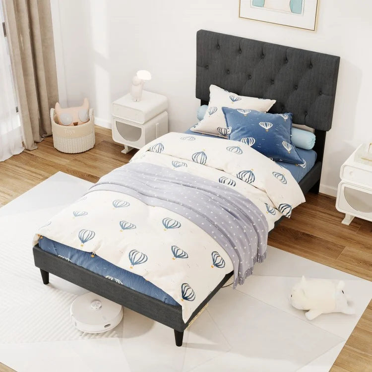 Tufted Upholstered Platform Bed with Padded Headboard and Wood Slat Support in Grey – Twin, Full, or Queen Size