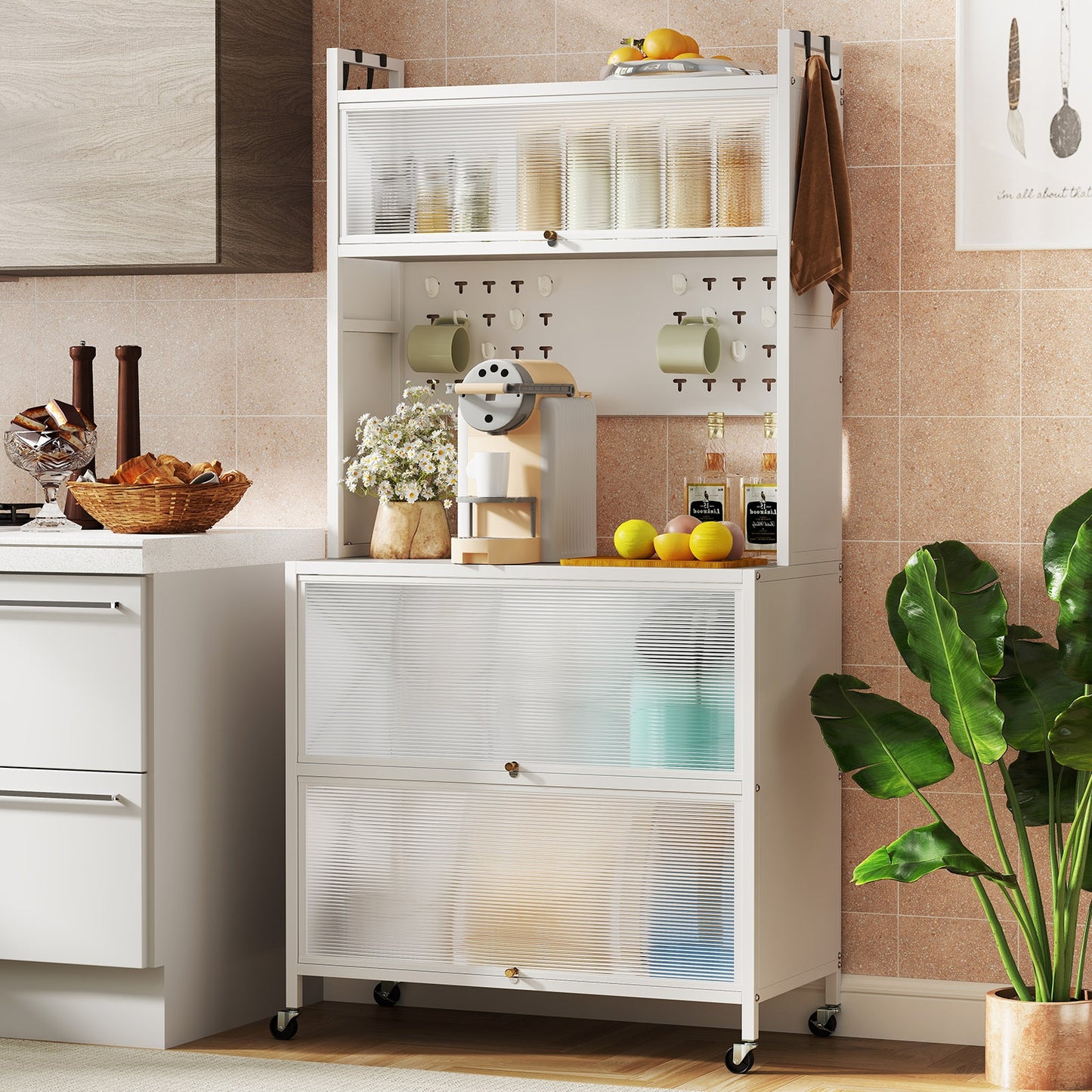 5-Tier Kitchen Bakers Rack with LED Lights and Flip Door Cabinets Multifunctional Microwave Stand - White
