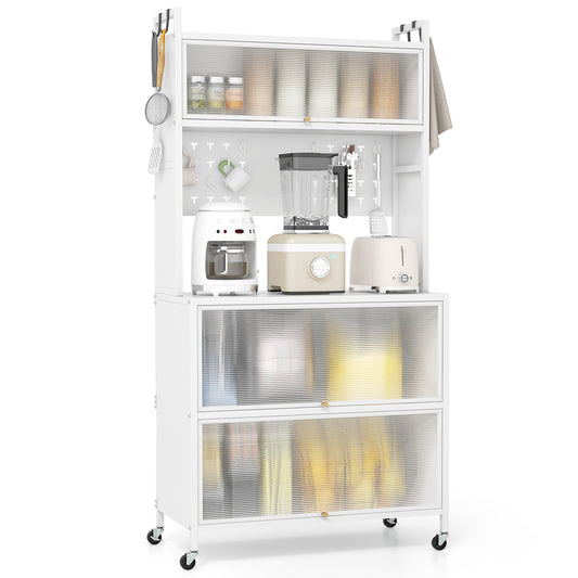 5-Tier Kitchen Bakers Rack with LED Lights and Flip Door Cabinets Multifunctional Microwave Stand - White