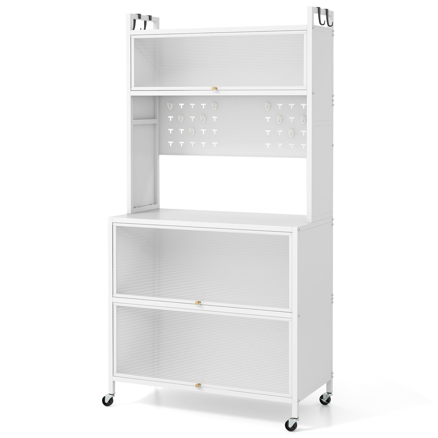 5-Tier Kitchen Bakers Rack with LED Lights and Flip Door Cabinets Multifunctional Microwave Stand - White