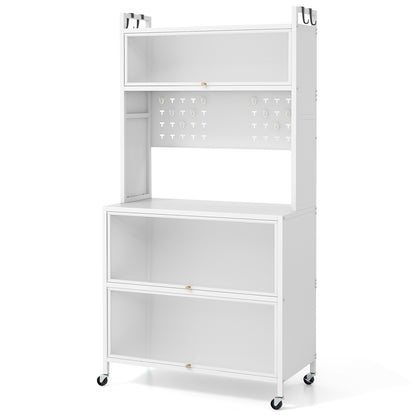5-Tier Kitchen Bakers Rack with LED Lights and Flip Door Cabinets Multifunctional Microwave Stand - White