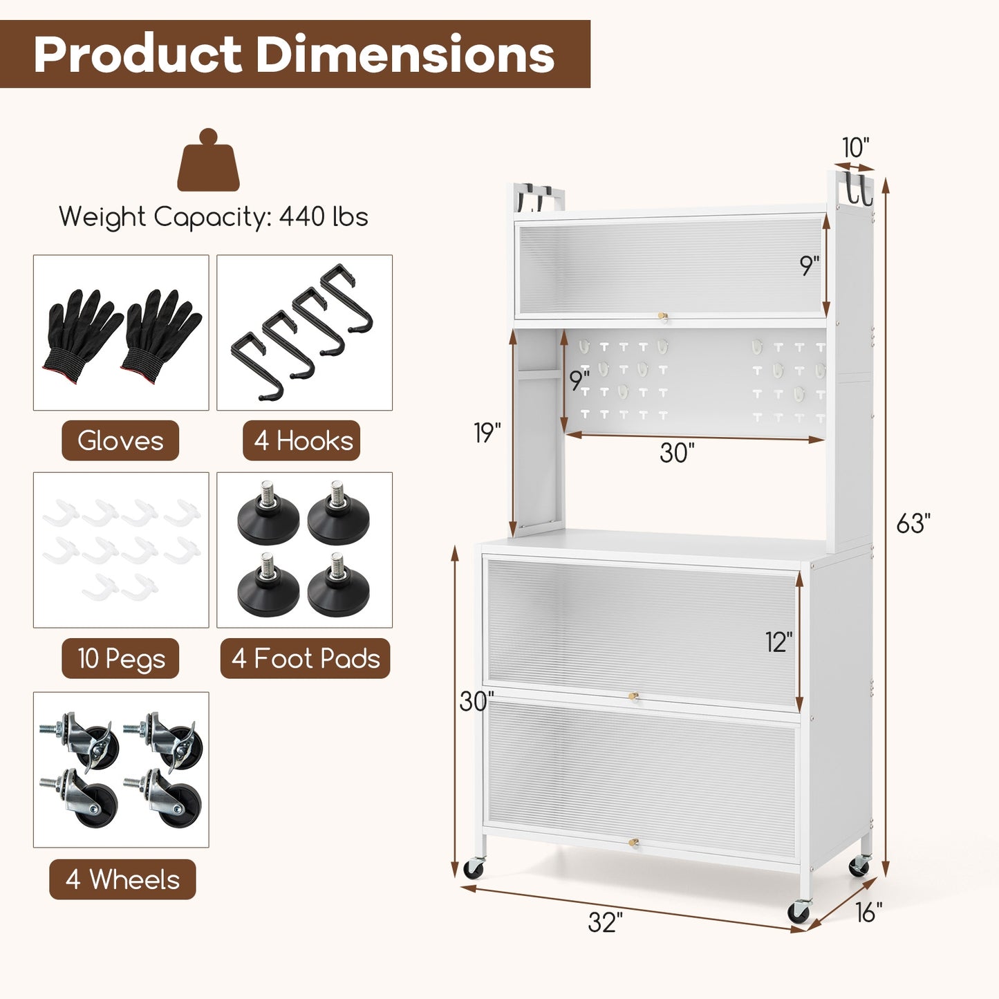 5-Tier Kitchen Bakers Rack with LED Lights and Flip Door Cabinets Multifunctional Microwave Stand - White
