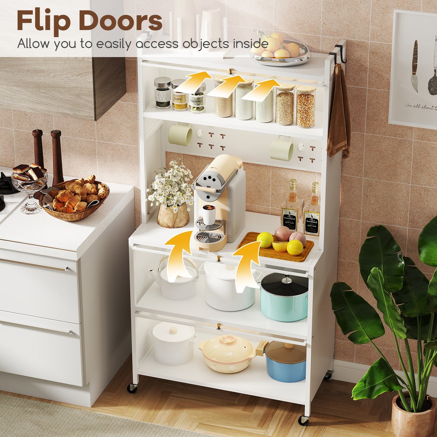 5-Tier Kitchen Bakers Rack with LED Lights and Flip Door Cabinets Multifunctional Microwave Stand - White