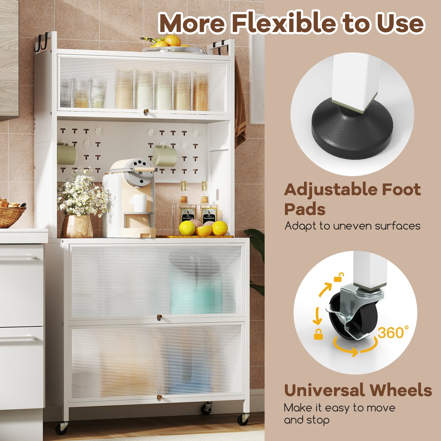 5-Tier Kitchen Bakers Rack with LED Lights and Flip Door Cabinets Multifunctional Microwave Stand - White