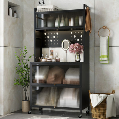 5-Tier Kitchen Bakers Rack with LED Lights and Flip Door Cabinets Multifunctional Microwave Stand - Black