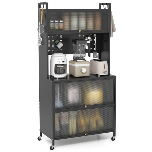 5-Tier Kitchen Bakers Rack with LED Lights and Flip Door Cabinets Multifunctional Microwave Stand - Black