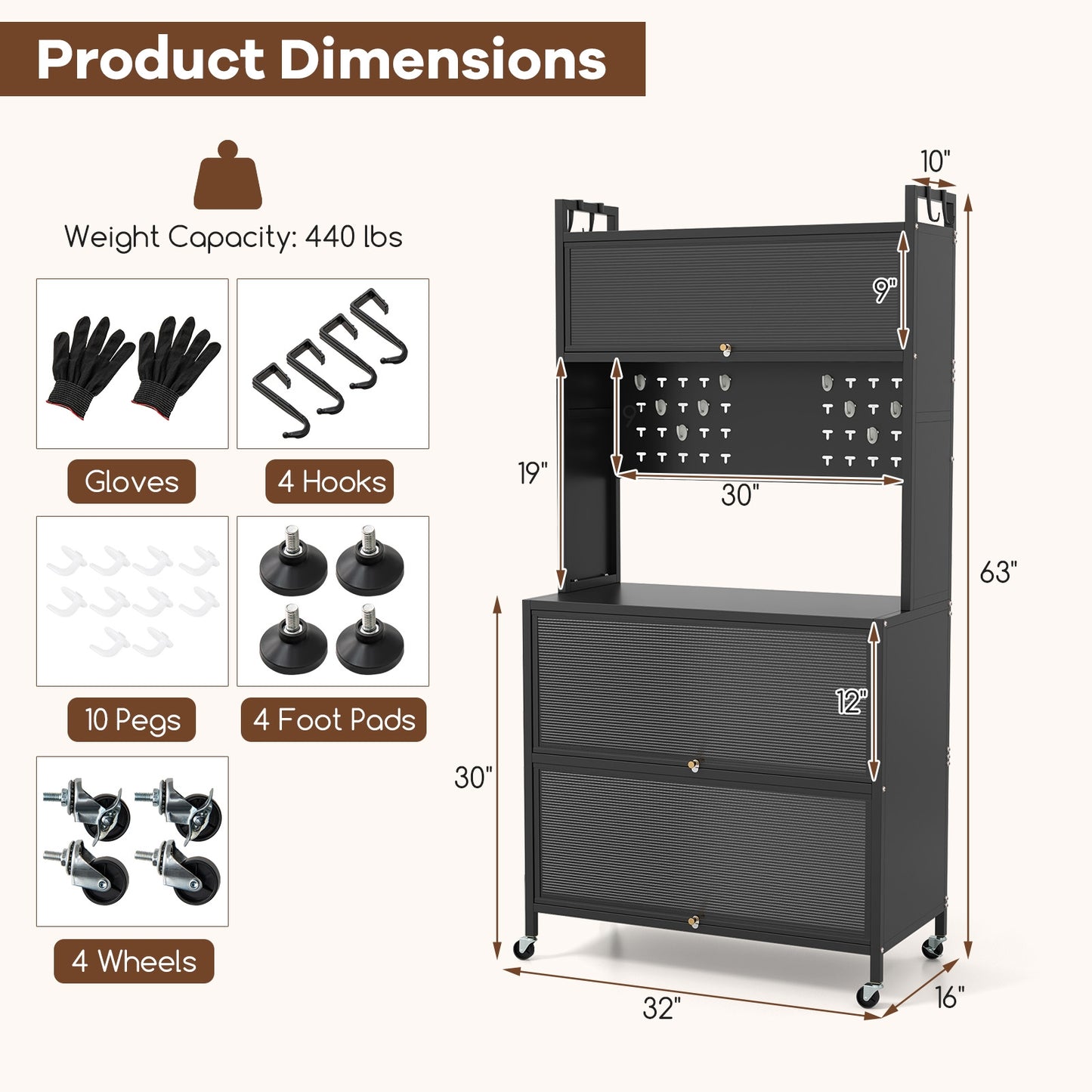 5-Tier Kitchen Bakers Rack with LED Lights and Flip Door Cabinets Multifunctional Microwave Stand - Black
