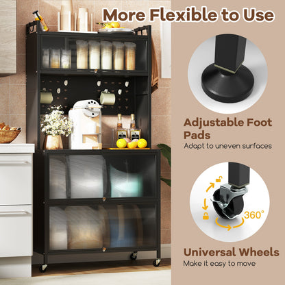 5-Tier Kitchen Bakers Rack with LED Lights and Flip Door Cabinets Multifunctional Microwave Stand - Black
