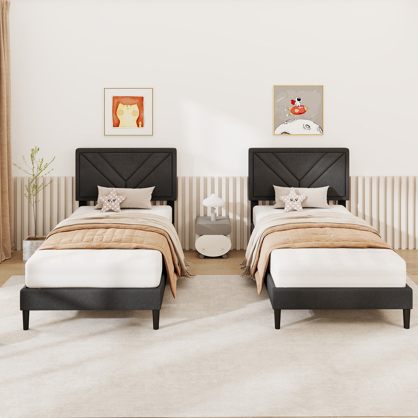 Tufted Faux Linen Upholstered Platform Bed with High Headboard and Sturdy Wood Slats – Twin Size