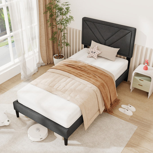 Tufted Faux Linen Upholstered Platform Bed with High Headboard and Sturdy Wood Slats – Twin Size