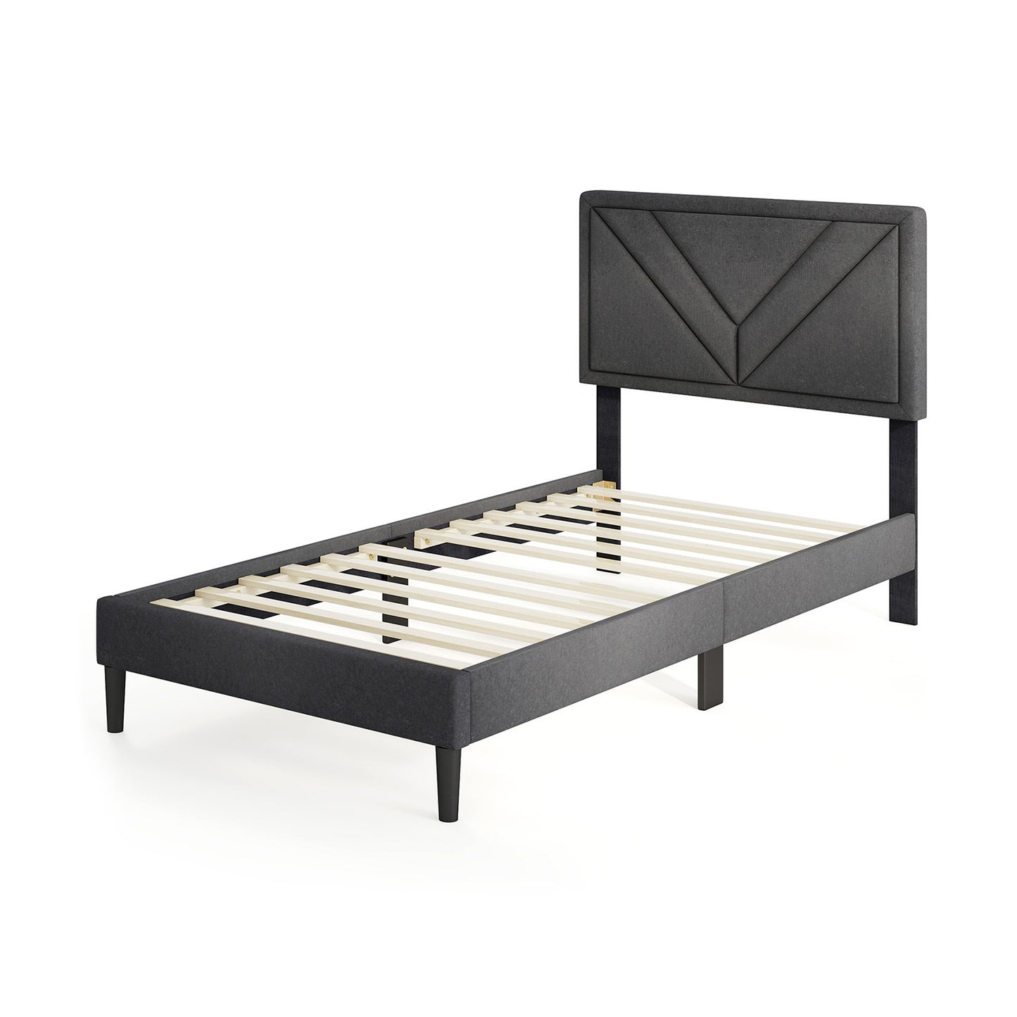Tufted Faux Linen Upholstered Platform Bed with High Headboard and Sturdy Wood Slats – Twin Size