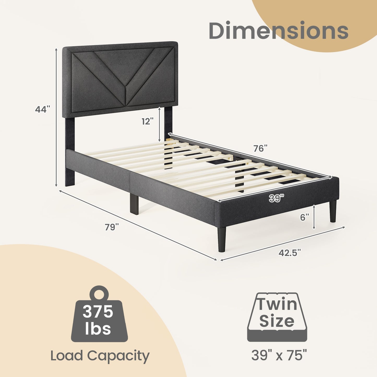 Tufted Faux Linen Upholstered Platform Bed with High Headboard and Sturdy Wood Slats – Twin Size