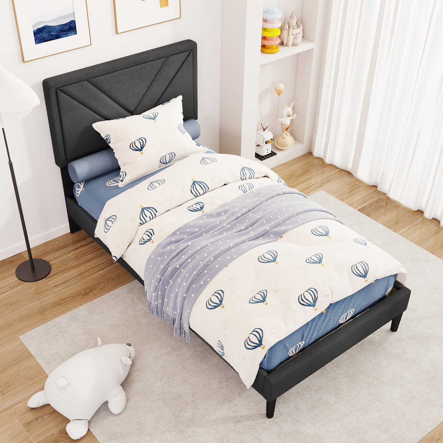 Tufted Faux Linen Upholstered Platform Bed with High Headboard and Sturdy Wood Slats – Twin Size