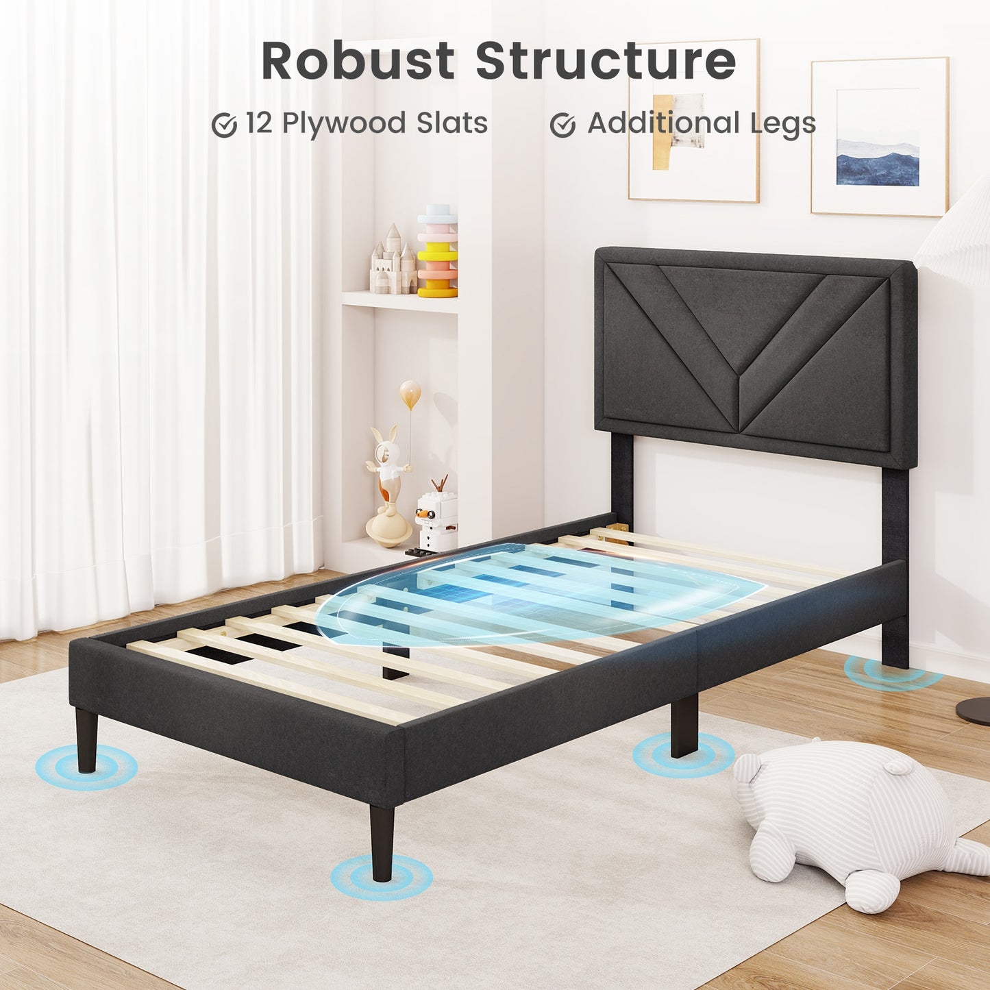 Tufted Faux Linen Upholstered Platform Bed with High Headboard and Sturdy Wood Slats – Twin Size
