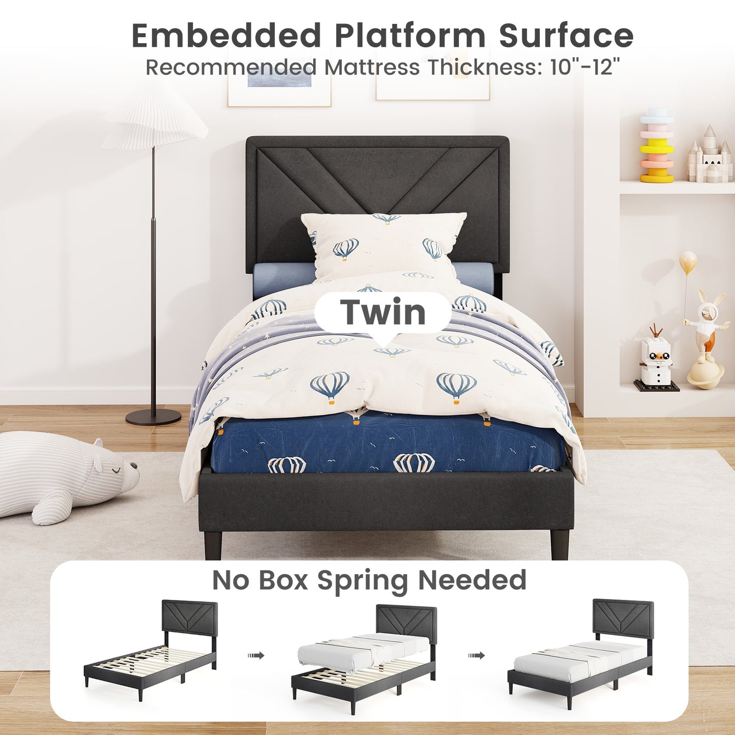 Tufted Faux Linen Upholstered Platform Bed with High Headboard and Sturdy Wood Slats – Twin Size
