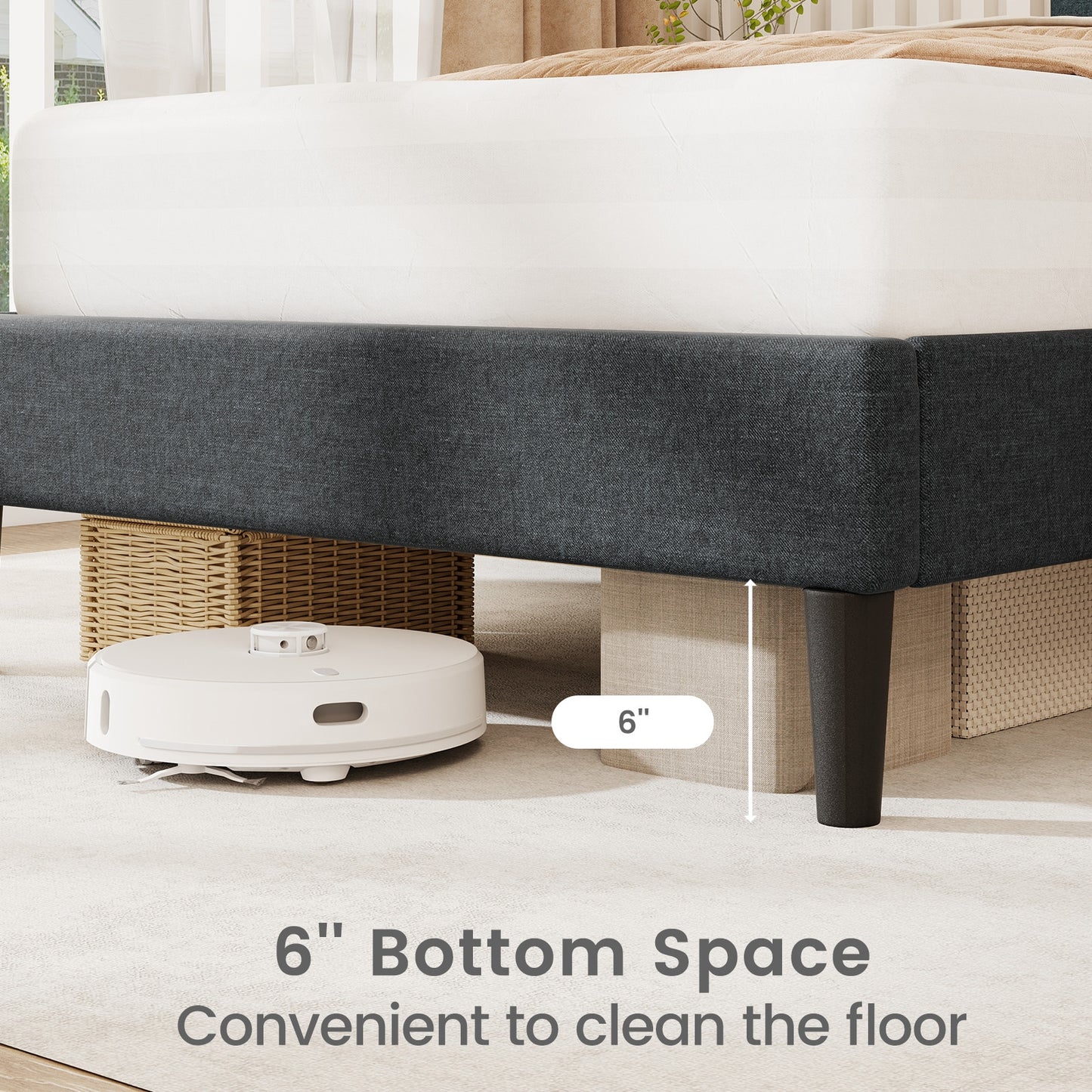 Tufted Faux Linen Upholstered Platform Bed with High Headboard and Sturdy Wood Slats – Twin Size