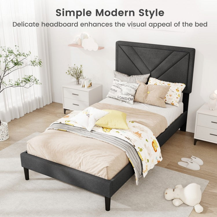 Tufted Faux Linen Upholstered Platform Bed with High Headboard and Sturdy Wood Slats – Twin Size