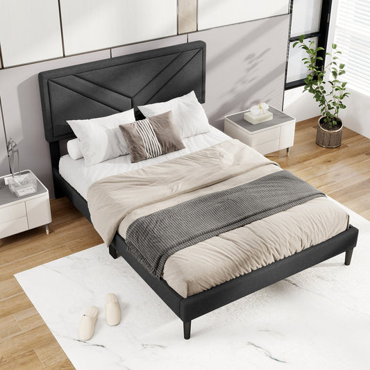 Tufted Faux Linen Upholstered Platform Bed with High Headboard and Sturdy Wood Slats – Full Size