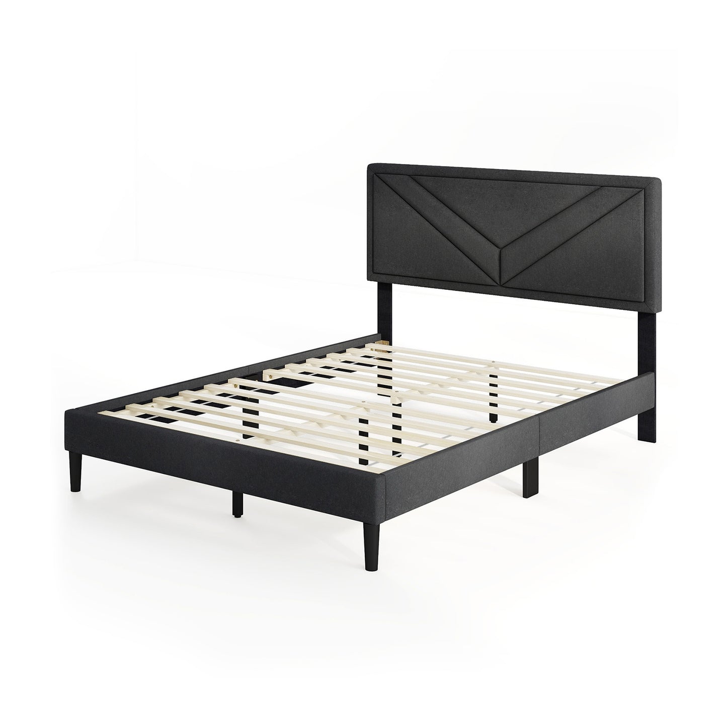 Tufted Faux Linen Upholstered Platform Bed with High Headboard and Sturdy Wood Slats – Full Size