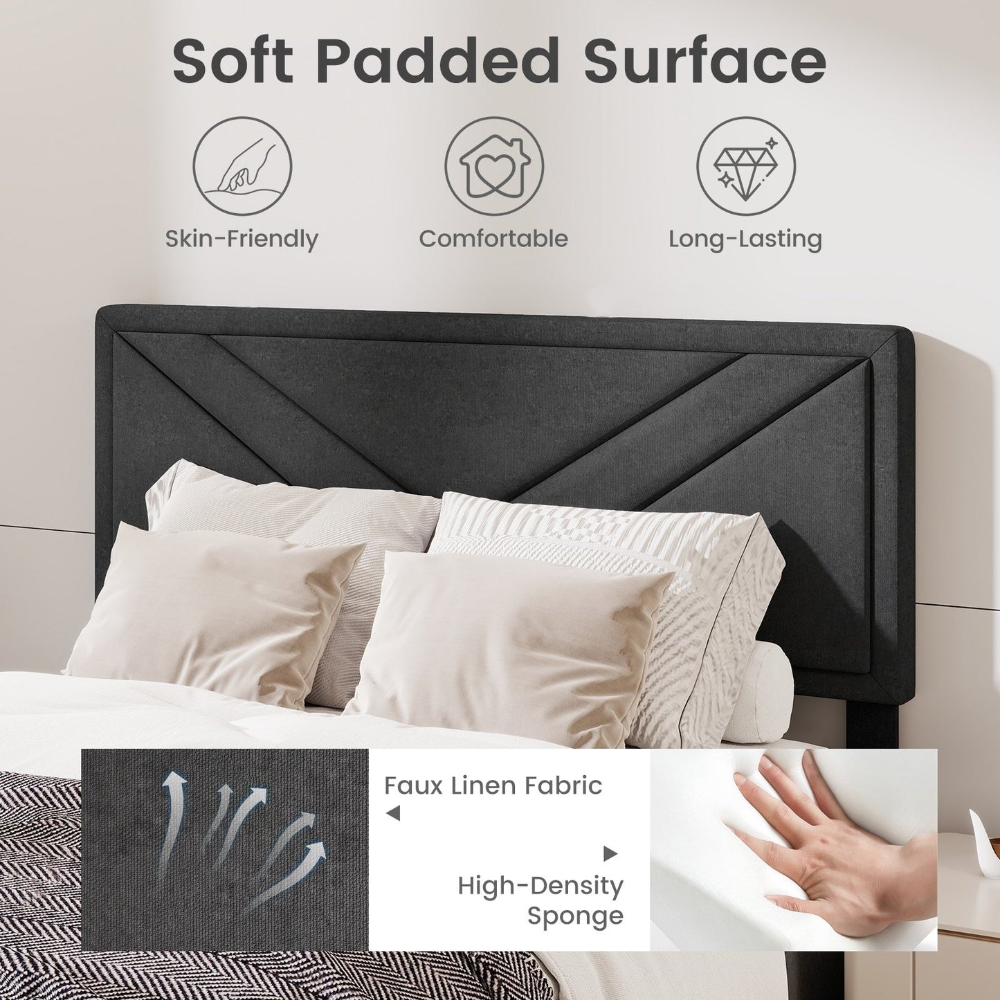 Tufted Faux Linen Upholstered Platform Bed with High Headboard and Sturdy Wood Slats – Full Size