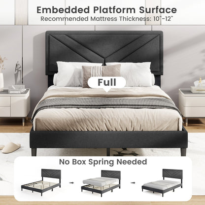 Tufted Faux Linen Upholstered Platform Bed with High Headboard and Sturdy Wood Slats – Full Size