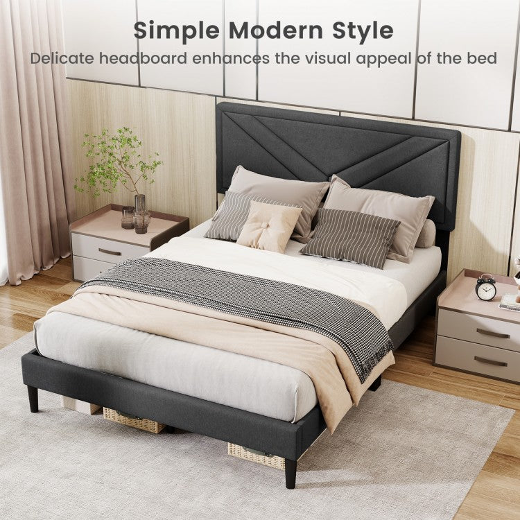 Tufted Faux Linen Upholstered Platform Bed with High Headboard and Sturdy Wood Slats – Full Size