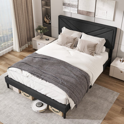 Tufted Faux Linen Upholstered Platform Bed with High Headboard and Sturdy Wood Slats – Queen Size