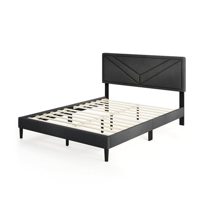 Tufted Faux Linen Upholstered Platform Bed with High Headboard and Sturdy Wood Slats – Queen Size