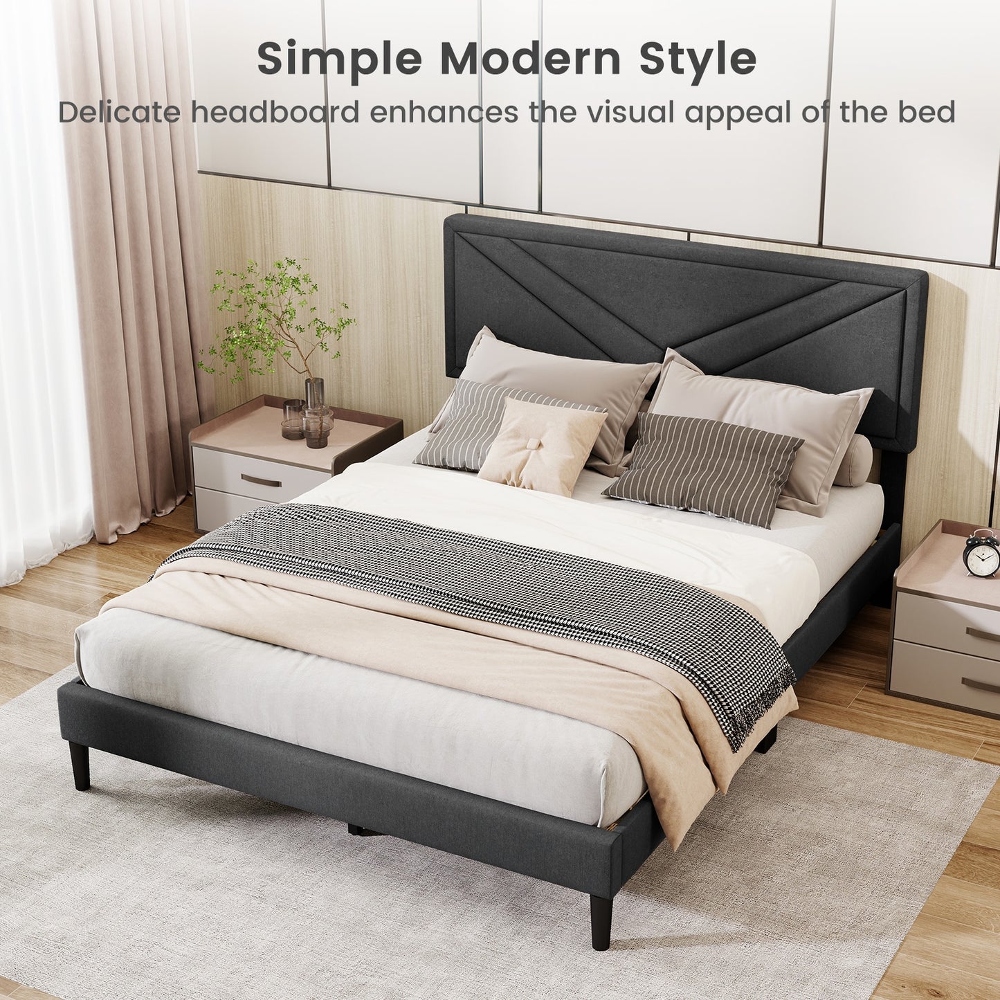 Tufted Faux Linen Upholstered Platform Bed with High Headboard and Sturdy Wood Slats – Queen Size