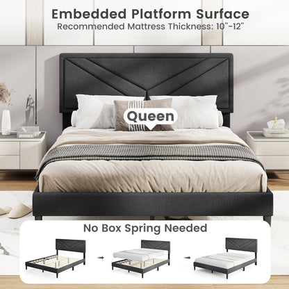 Tufted Faux Linen Upholstered Platform Bed with High Headboard and Sturdy Wood Slats – Queen Size