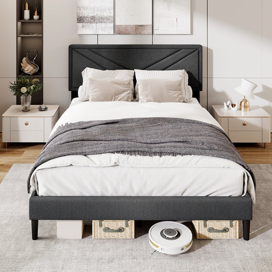 Tufted Faux Linen Upholstered Platform Bed with High Headboard and Sturdy Wood Slats – Queen Size